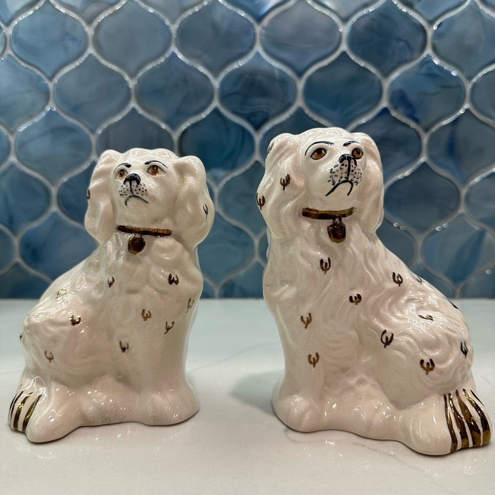 Staffordshire dogs vintage white hints of gold
